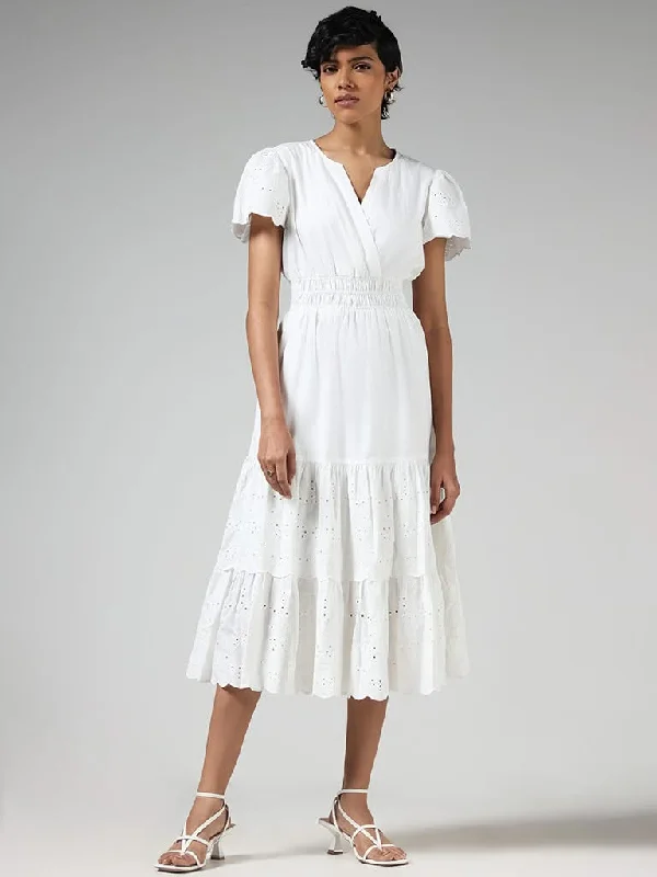 LOV White Cotton Schiffli Dress