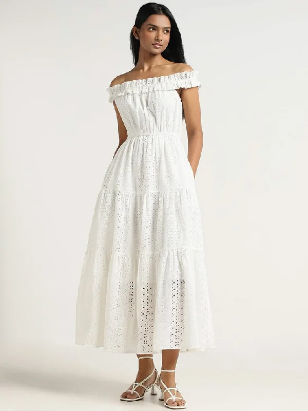 LOV White Cotton Schiffli Dress