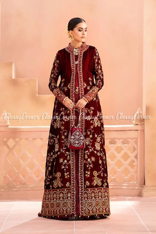 Maroon Golden Velvet Embroidered Gown Frock