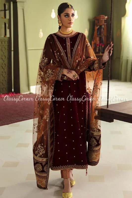 Maroon Oragne Velvet Embroidered Salwar Kameez