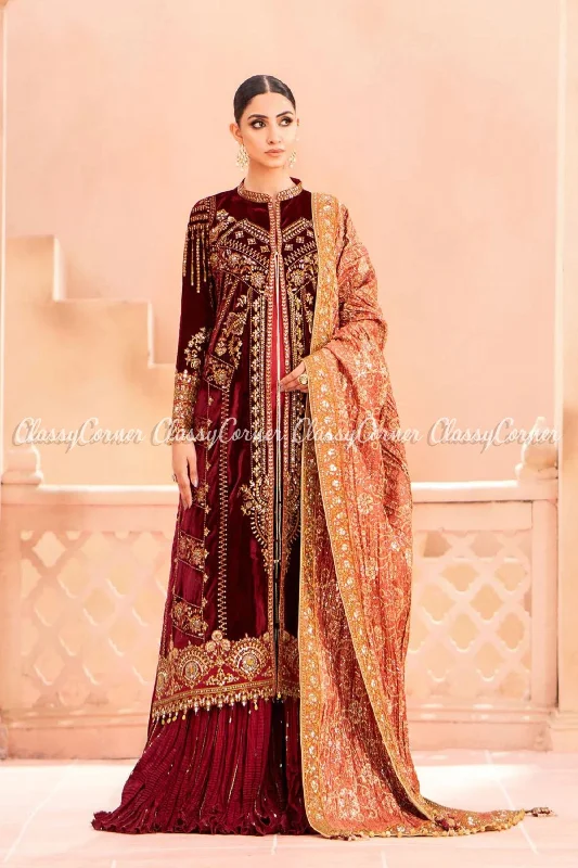 Maroon Orange Velvet Embroidered Sharara Outfit