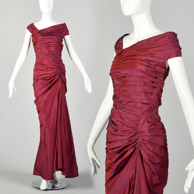 Medium 1990s Tadashi Burgundy Gown with Mermaid Hemline Ruched Bodice and Train