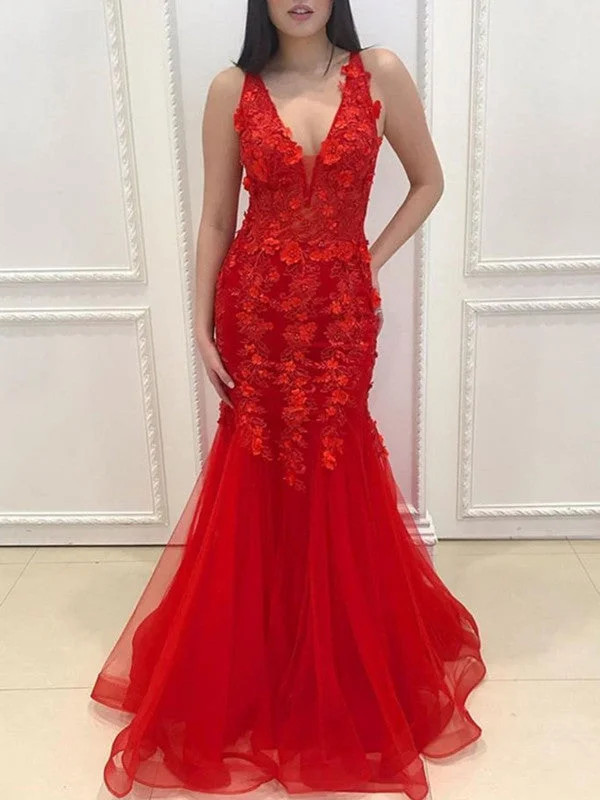 Mermaid Red Lace Floral Prom Dress, V-neck Lace Long 2021 Prom Dresses