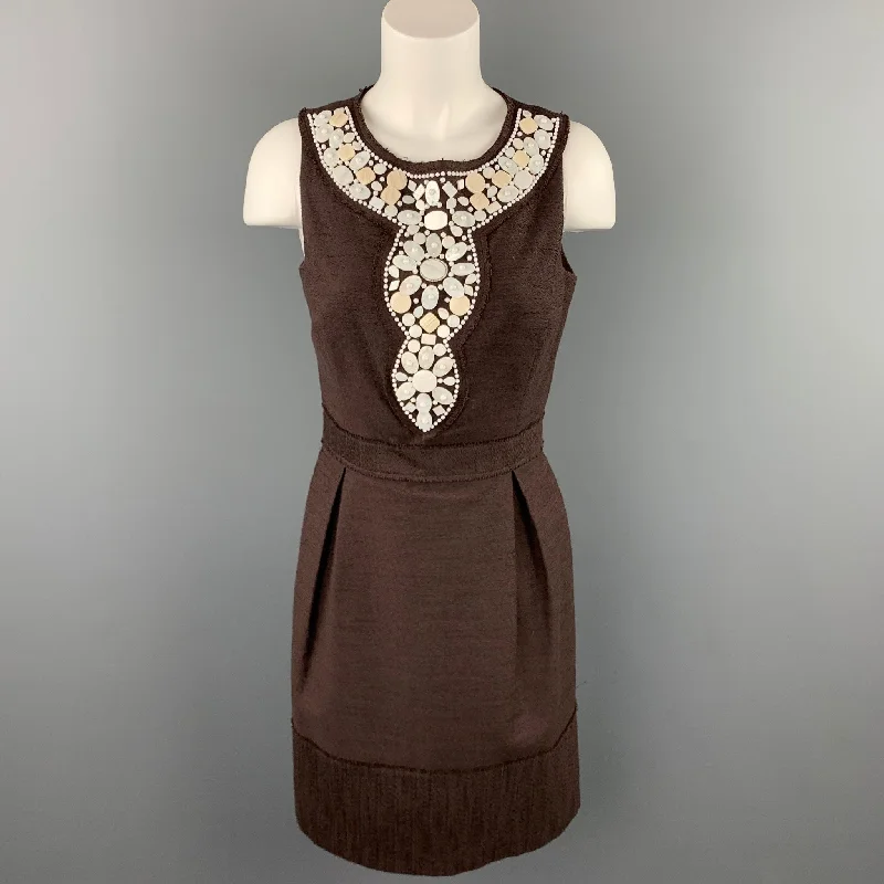 MILLY Size 6 Brown Textured Beaded Polyester / Cotton Sheath Dress