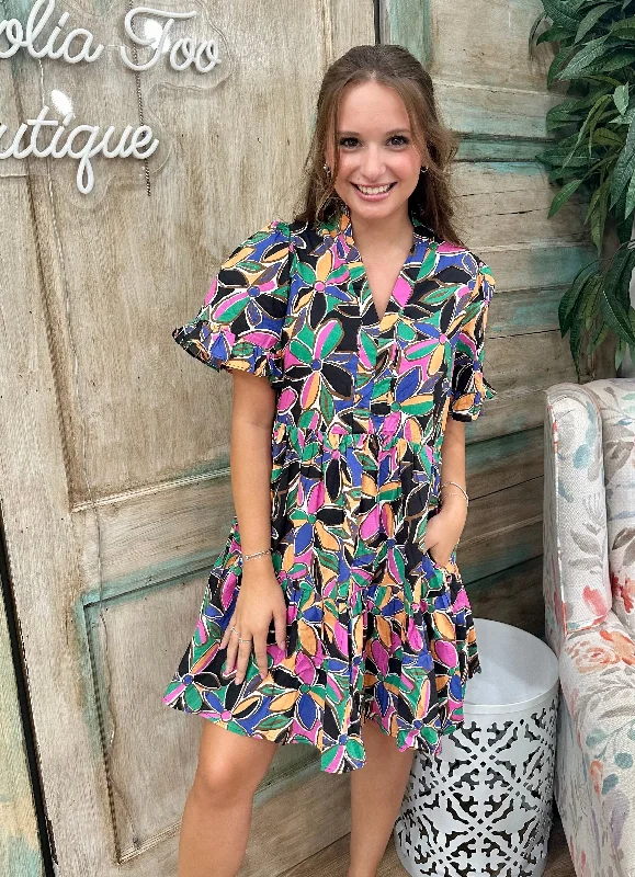 Multi Print V Neck Dress w/Pockets