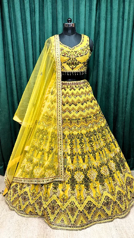 Mustard Net Lehenga With Multi Thread Work