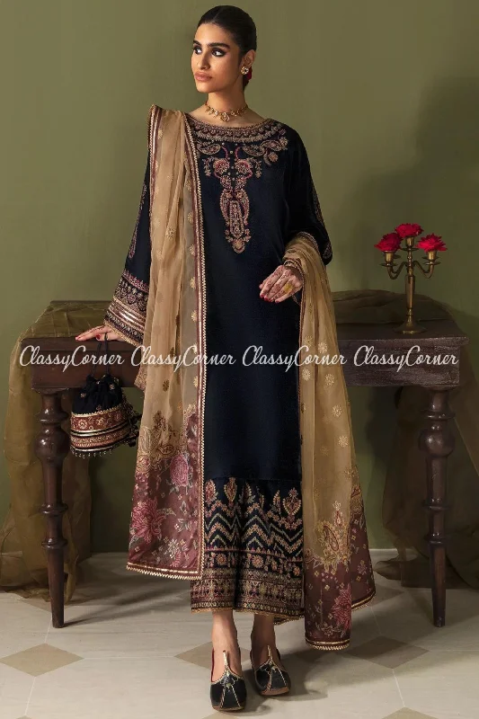 Navy Blue Beige Velvet Embroidered 3pc Suit