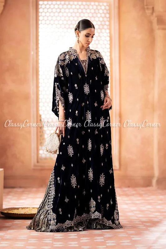 Navy Blue Velvet Embroidered Kaftan Outfit