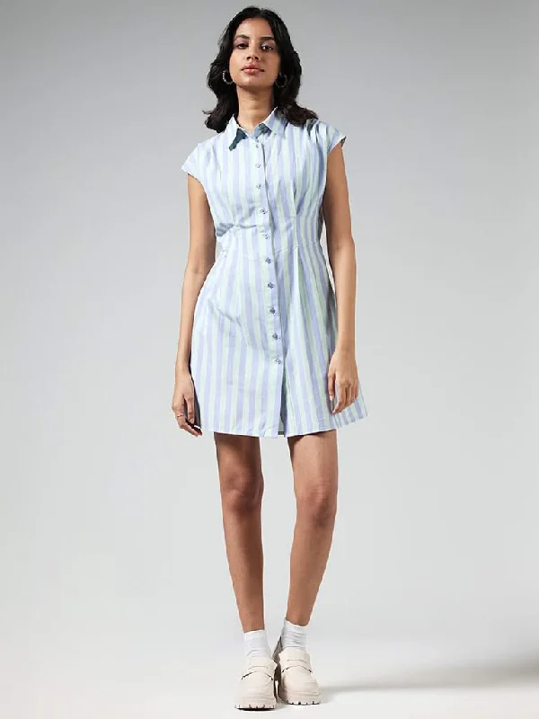 Nuon Lavender Striped Cotton Button Down Dress