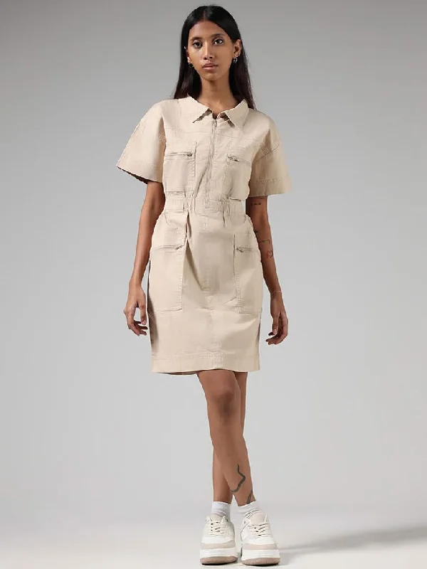 Nuon Solid Beige Cotton Blend Zip Dress