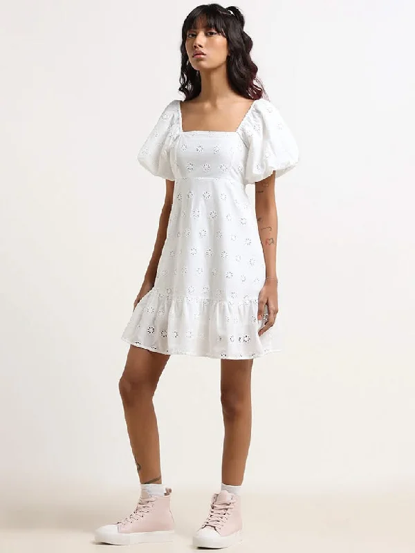 Nuon White Schiffli Cotton Tiered Dress