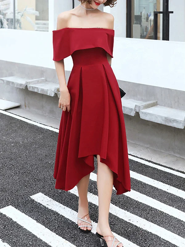 Off Shoulder High Low Burgundy Tea Length Prom Dresses, Off Shoulder Burgundy Formal Graduation Evening Dresses, Burgundy Homecoming Dresses SP2395