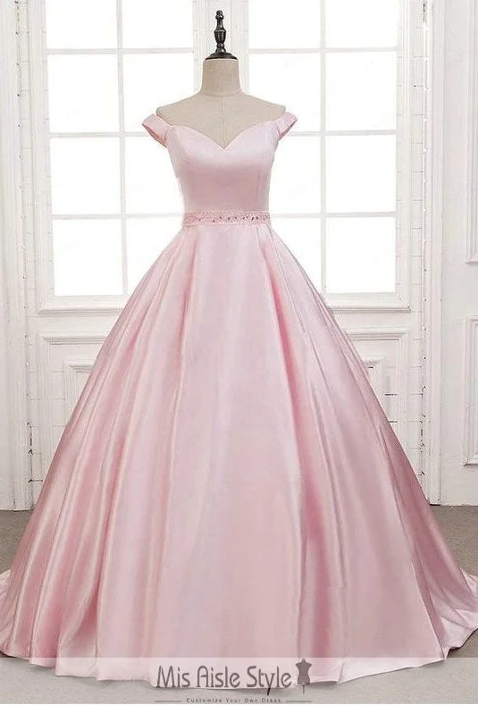 Off Shoulder Sleeve Pearl Pink Ball Gown Prom Dress