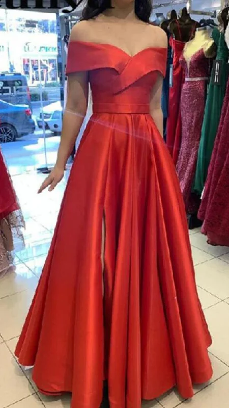 Off Shoulder Sleeve Sexy Slit Red Prom Dress