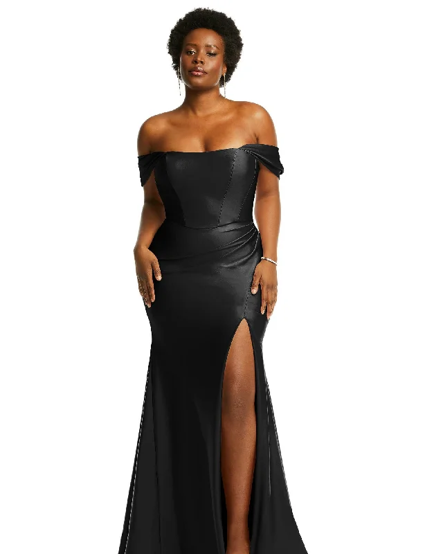 Off-the-Shoulder Corset Stretch Satin Mermaid Dress with Slight Train | Black