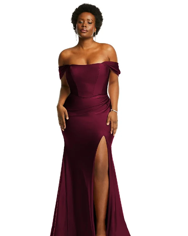 Off-the-Shoulder Corset Stretch Satin Mermaid Dress with Slight Train | Cabernet