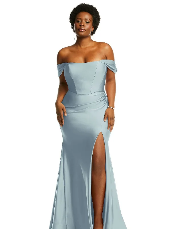 Off-the-Shoulder Corset Stretch Satin Mermaid Dress with Slight Train | Mist