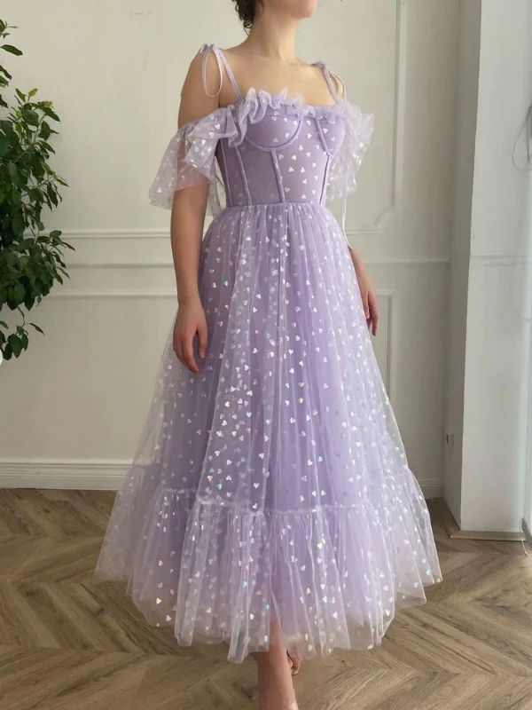 Off the Shoulder Tea Length Purple Prom Dresses, Off Shoulder Purple Homecoming Dresses, Lilac Formal Evening Dresses SP2526