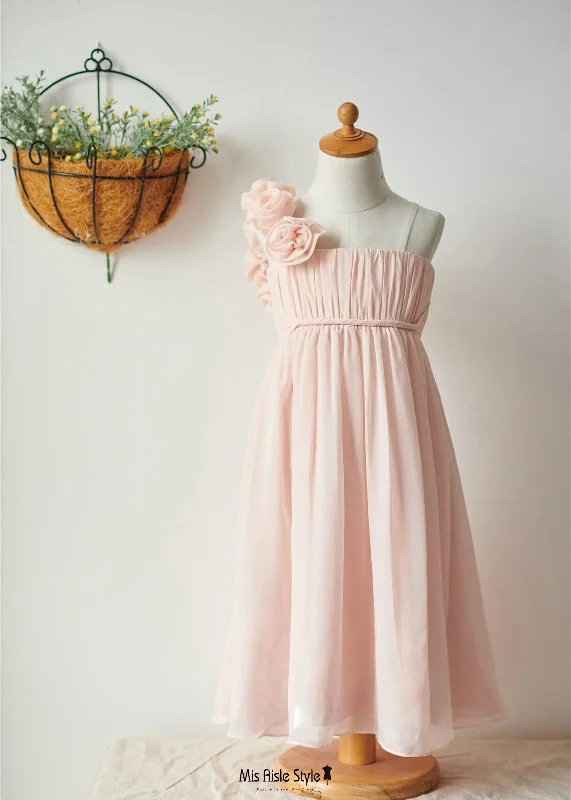 One Shoulder Blush Pink Flower Girl Dress