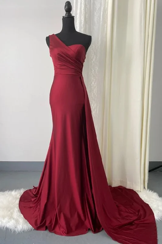 One Shoulder Burgundy Evening Dress