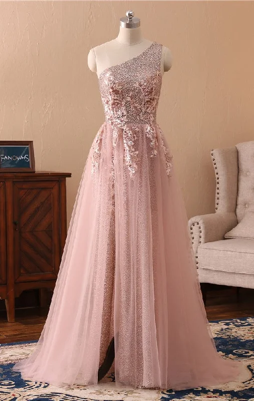 One Shoulder Pink Sparkle Slit Evening Dress