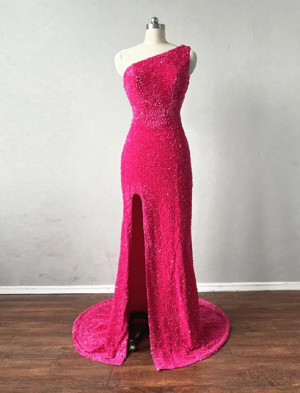 One  Shoulder Slit Sparkle Dark Pink Prom Dress