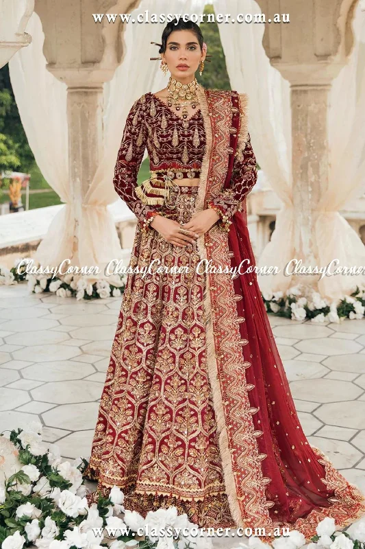 Pakistani Deep Red Velvet Bridal Lehenga Choli