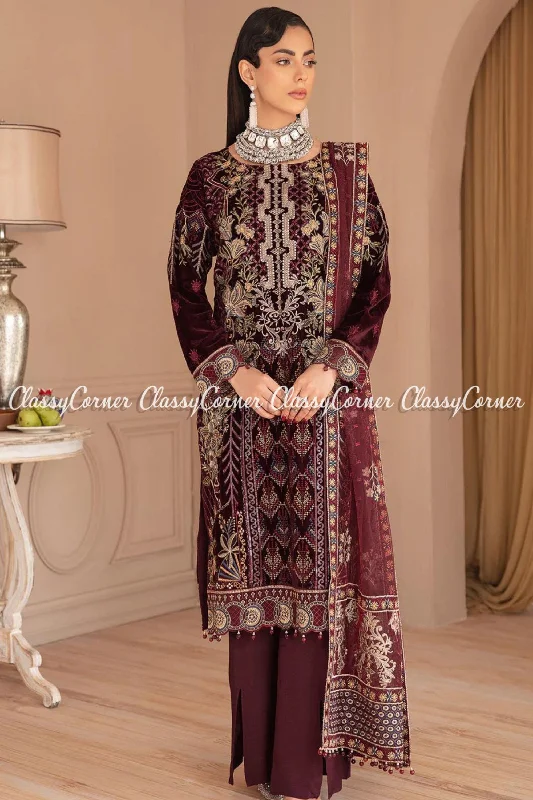 Pakistani Maroon Velvet Beige Net Embroidered Salwar Kameez