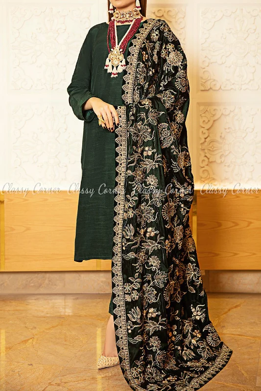 Pine Green Velvet Shawl Pakistani Formal Salwar Kameez