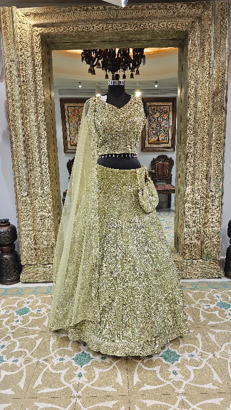 Pista Green Net Lehenga With Pearl, Mirror, Zari and Beads Work