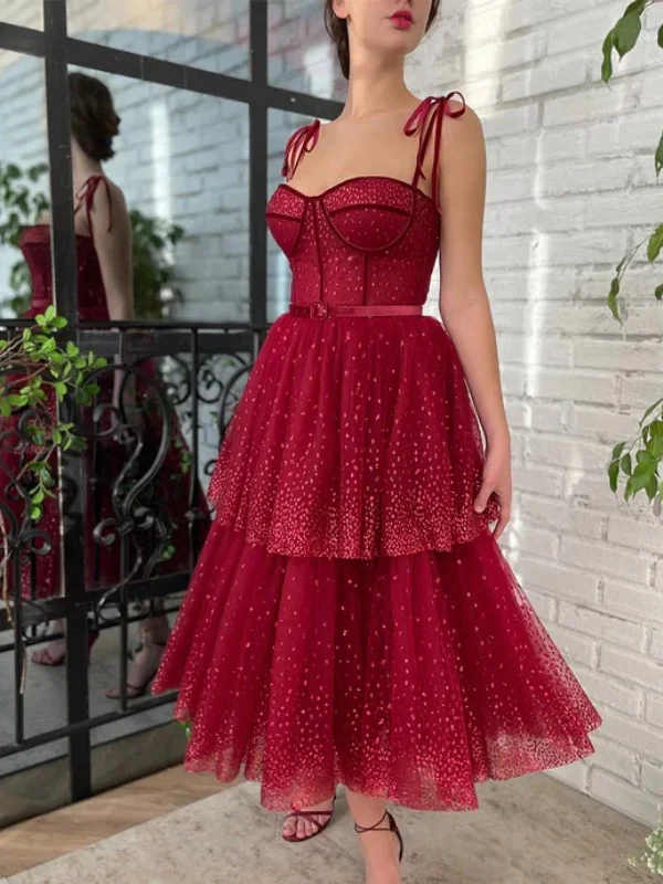 Pretty Sweetheart Neck Burgundy Layered Tea Length Prom Dresses, Burgundy Homecoming Dresses, Formal Evening Dresses SP2665