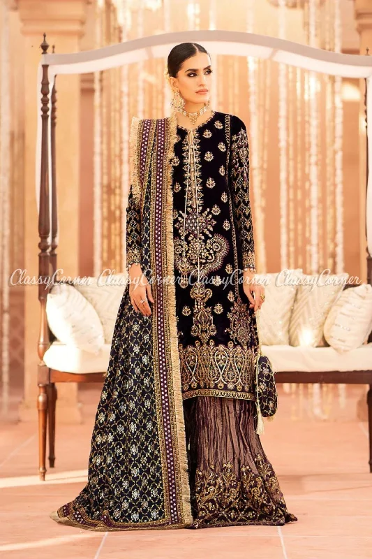 Purple Golden Velvet Embroidered Sharara Outfit