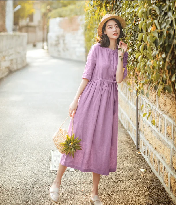 Purple Summer Cotton Linen Spring Women Dresses QJ05077