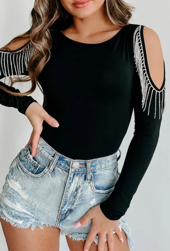 Rhinestone Fringed Cold Shoulder Bodysuit