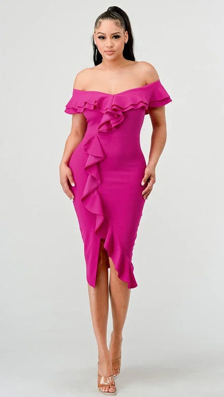 Ruffle Trim Off Shoulder Pink Dress