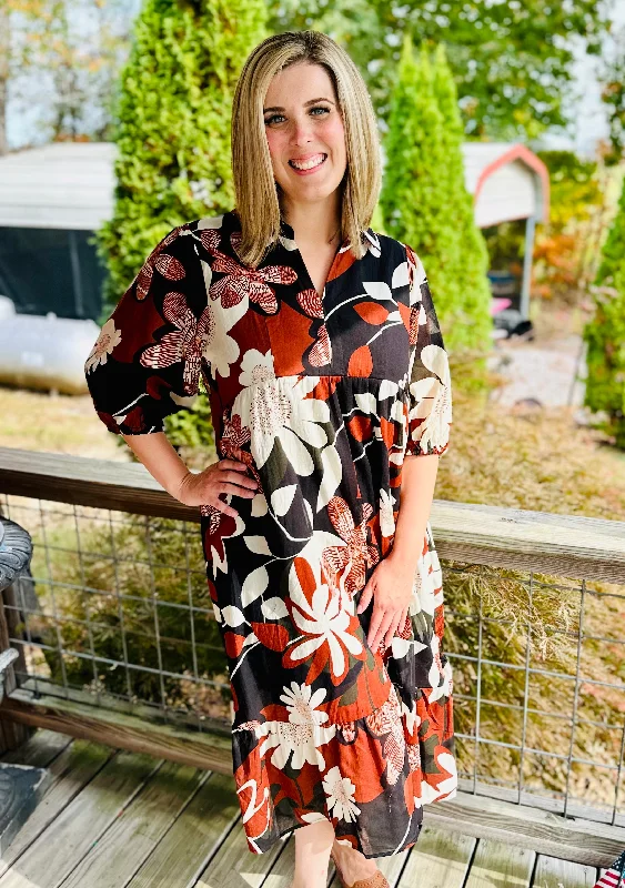 Rust Floral Abstract Print Tiered Dress