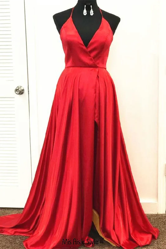 Sexy Backless Halter Neckline Red Slit Pageant Dress