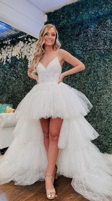 Sexy High Low White Sparkle Pageant Dress