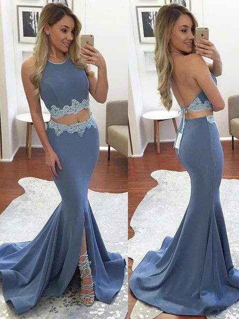 Sexy Mermaid Open Back Halter Neckline Slit Evening Dress