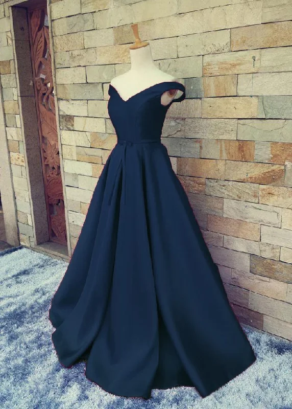 Sexy Off Shoulder Sleeves Navy Blue Prom Dress