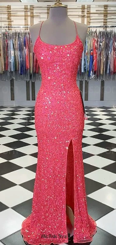 Sexy Slit Fitted Coral Sparkle Pageant Dress