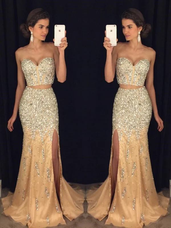 Sexy Sweetheart Neck Two Pieces Mermaid Beaded Champagne Prom Dresses 2019, Two Pieces Mermaid Champagne Formal Dresses, Evening Dresses