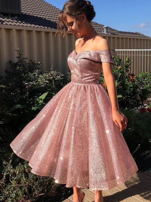 Shiny Off Shoulder Knee Length Rose Pink Prom Dresses, Sparkly Pink Formal Graduation Homecoming Dresses