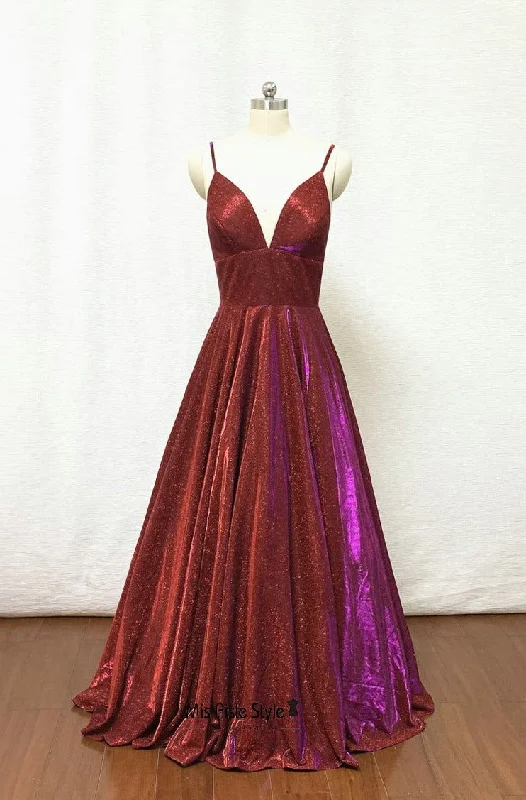 Simple Spaghetti Straps Sparkle Burgundy Prom Dress