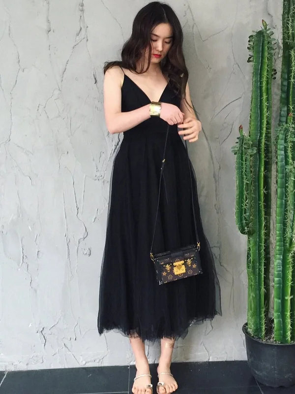 Simple V Neck Open Back Black Tea Length Prom Homecoming Dresses, Thin Straps Black Formal Graduation Evening Dresses