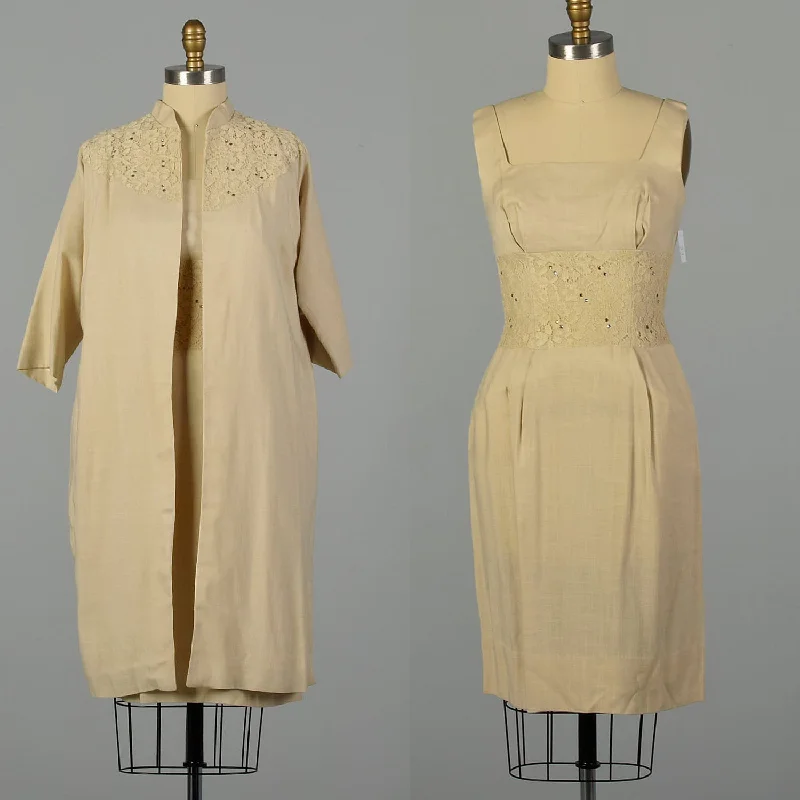 Small 1950s Linen-Look Dress and Jacket Set Wiggle Dress