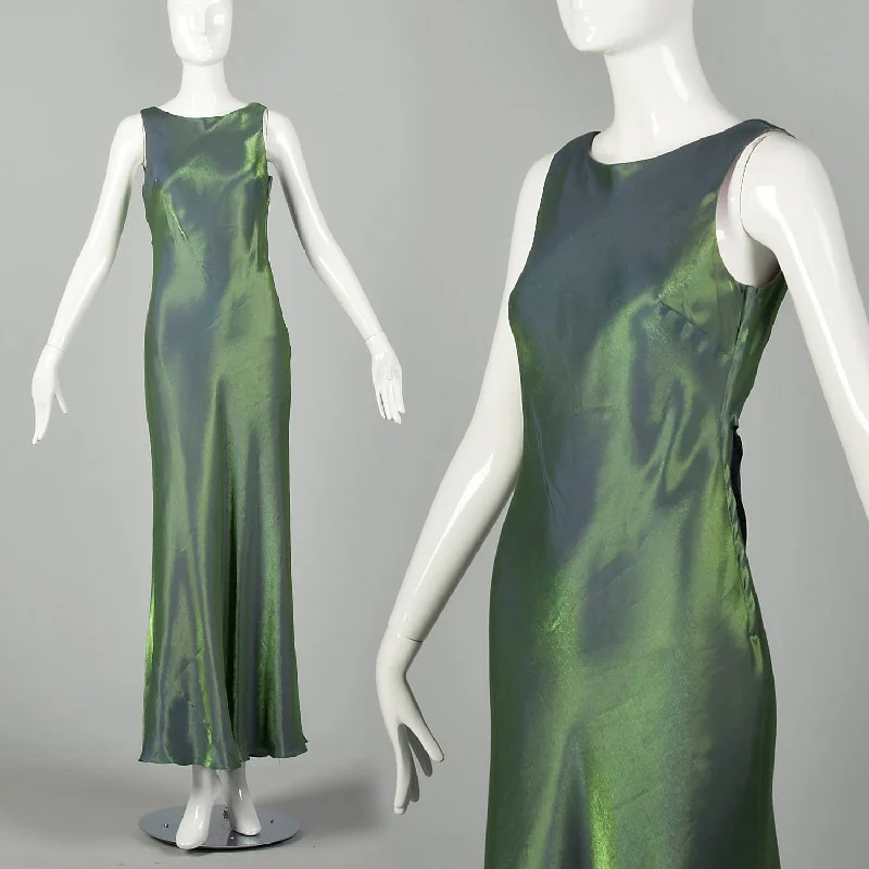 Small 1990s De Laru Prom Dress Iridescent Green Bias Cut Sleeveless Gown