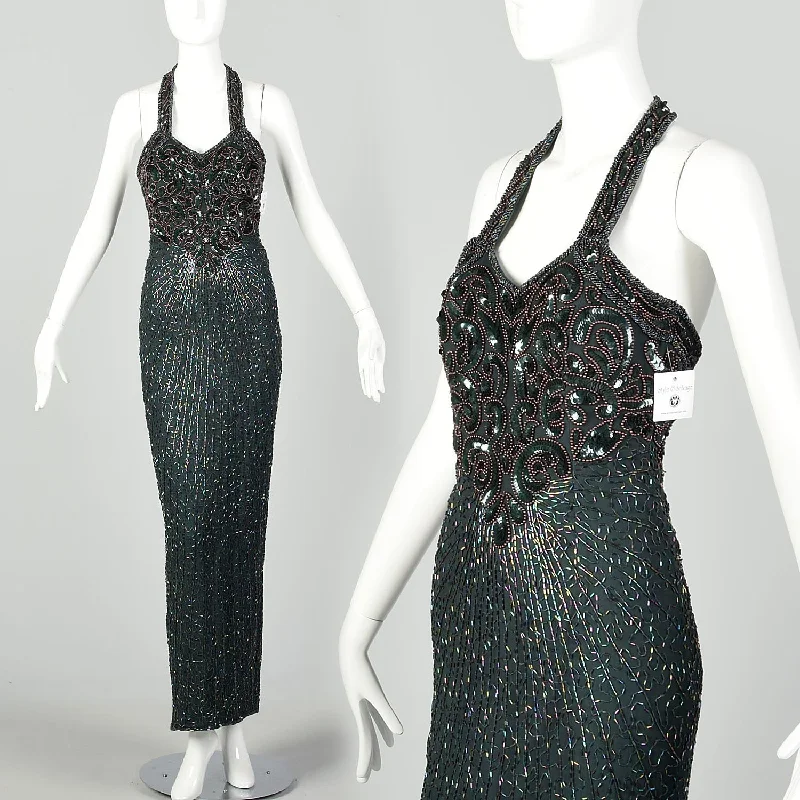 Small 1990s Halter Dress Forest Green Bugle Beaded Evening Gown