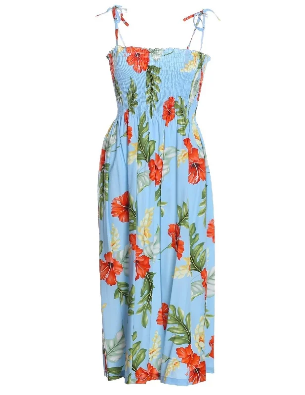 Smock Hawaiian Dress Lanai Monstera Blue