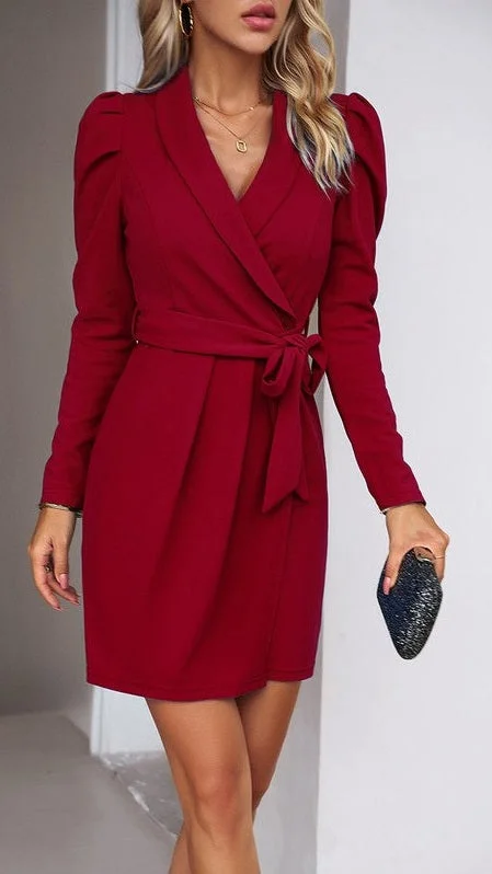 Solid Cross V Neck Belt Fit Wrap Wine Dress